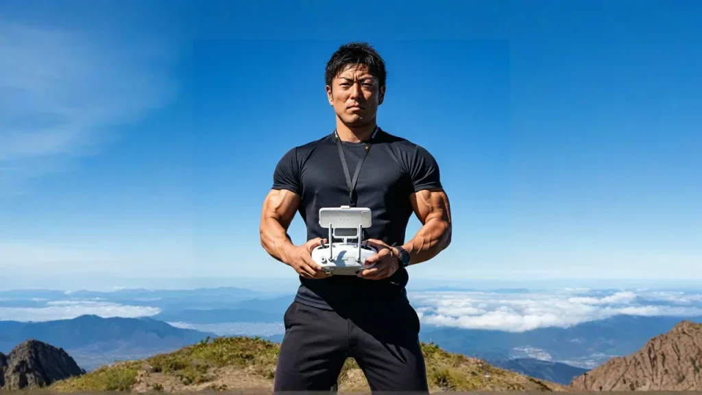 屈強なドローンパイロット。経験がとてもありそうな男性