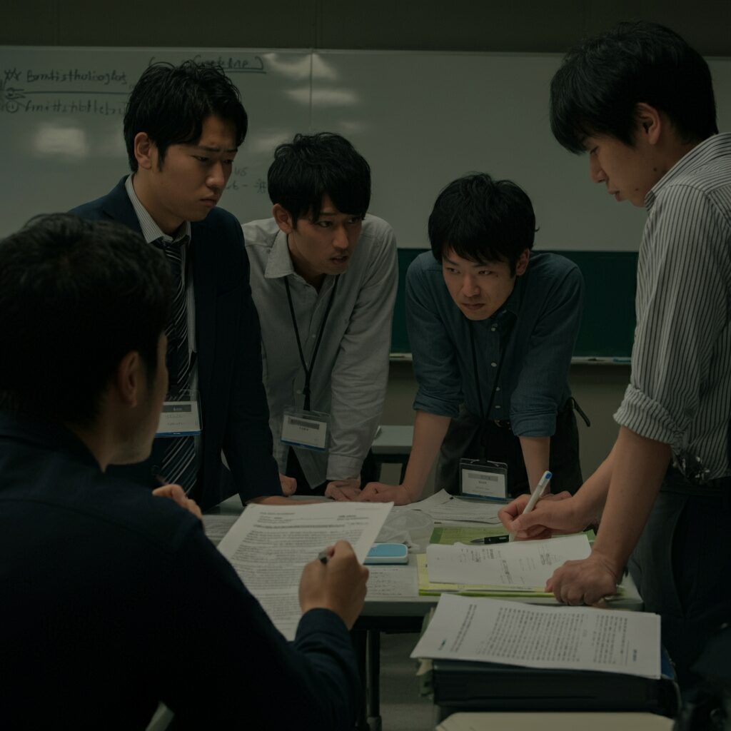 受講生が密談をして、スクールを評価している