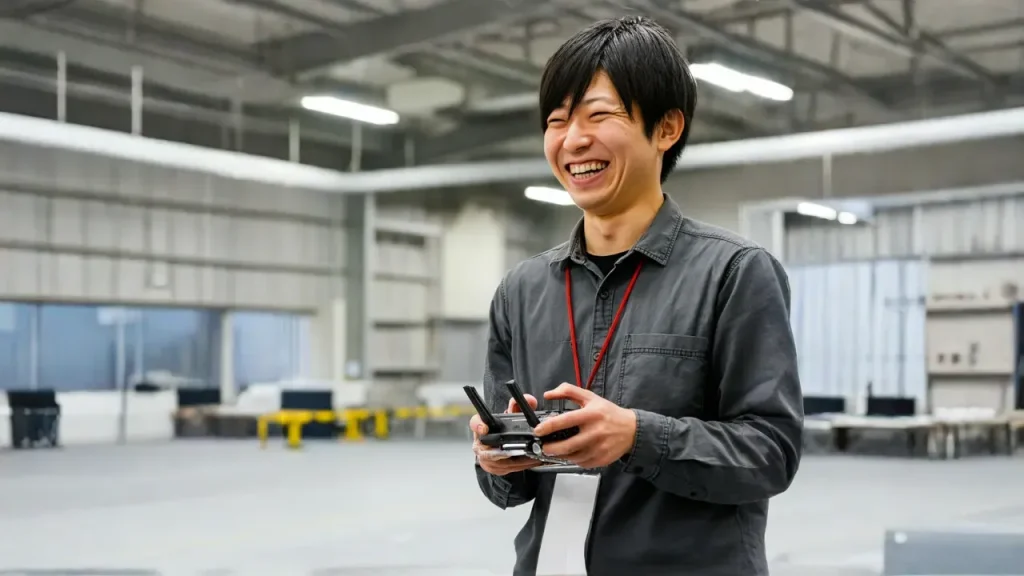 ドローンの練習環境が整っていて喜んでいる男性