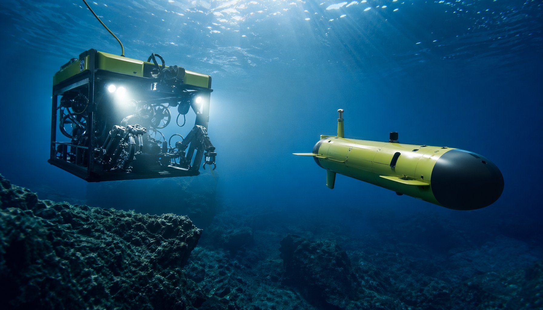 有線のROV（左）と自律型のAUV（右）の比較イメージ